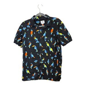 Rip Curl Black Tropical Parrot Toucan Print Button Down Hawaiian Shirt Resort S